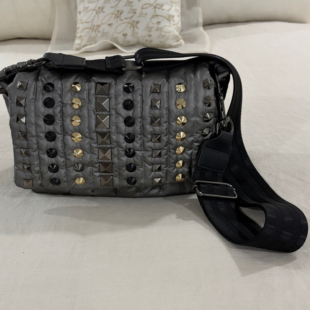 Think Royln Grey and Black Bar Studded Handbag